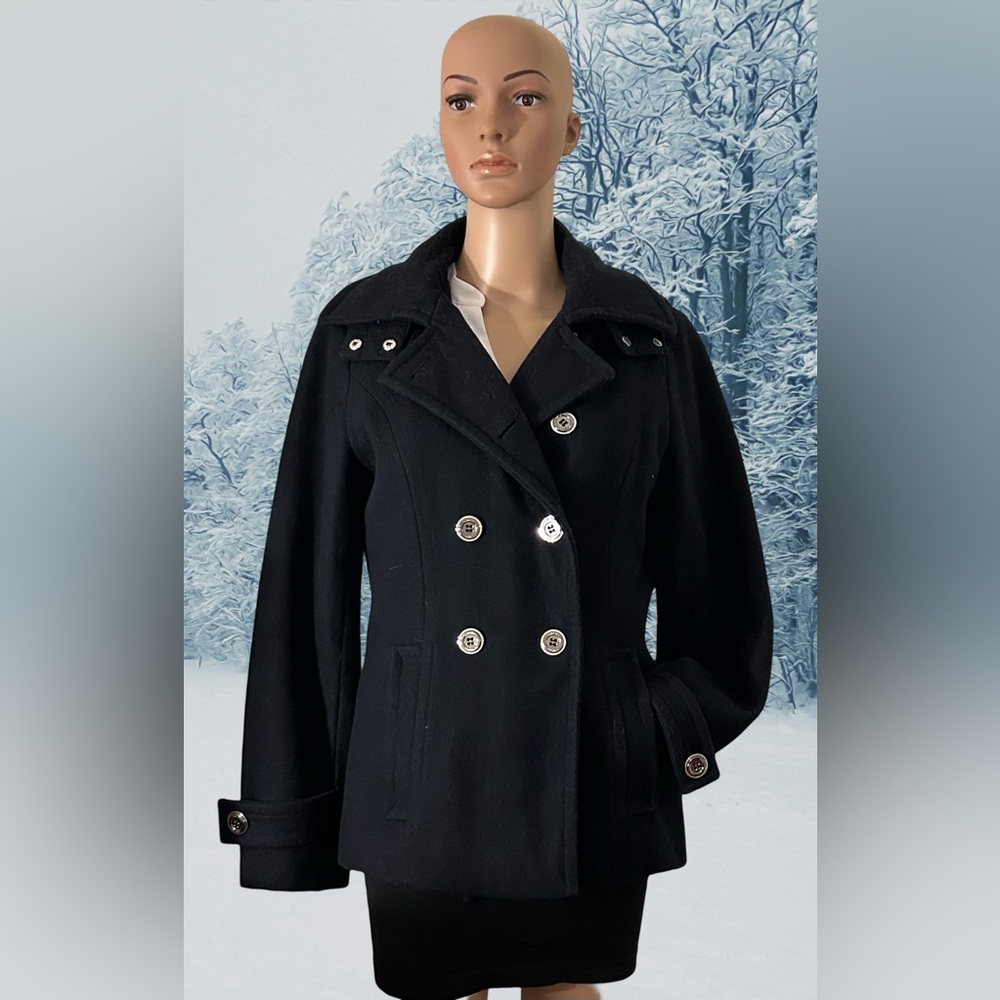 Navy Blue Pea Coat; Calvin Klein, Small; silver buttons